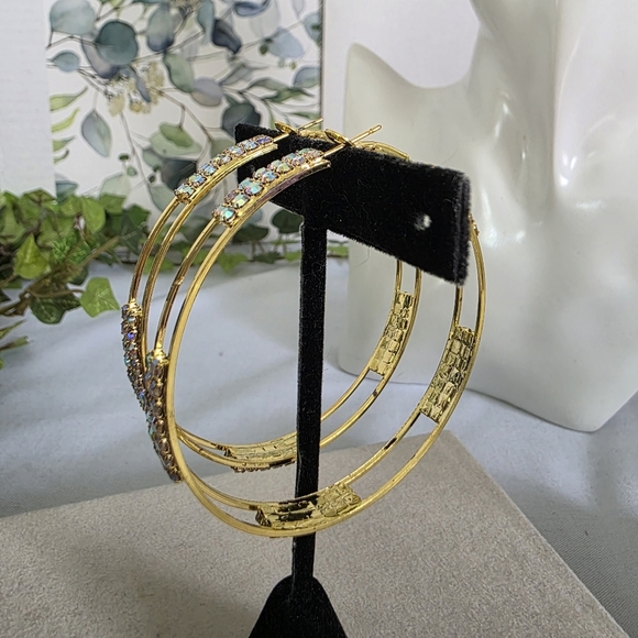 Large Gold Hoop Earrings with AB Rhinestones - Picture 6 of 10